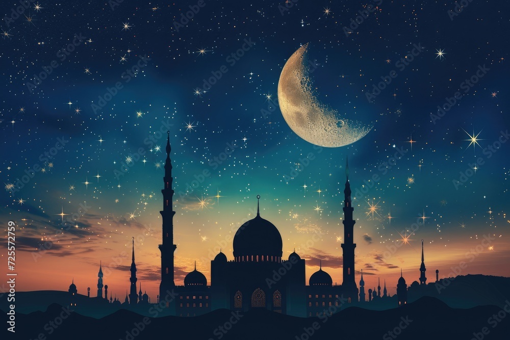 A beautiful silhouette of a mosque and Mesmerizing night view of a mosque under starry sky and bright moon. Perfect for Ramadan, Eid, or Islamic religious themed designs. A beautiful silhouette of a mosque and Mesmerizing night view of a mosque under starry sky and bright moon. Perfect for Ramadan, Eid, or Islamic religious themed designs.