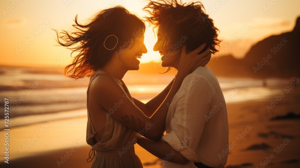 Laughing lesbian couple hugging on the beach at sunset. Happy moments together, LGBT concepts. Laughing lesbian couple hugging on the beach at sunset. Happy moments together, LGBT concepts.