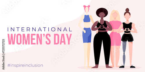 International Women's Day banner, backround, poster. Inspire inclusion 2024 campaign. Group of sportswomen of different ethnicity, age, body type, hair color vector illustration in flat style.