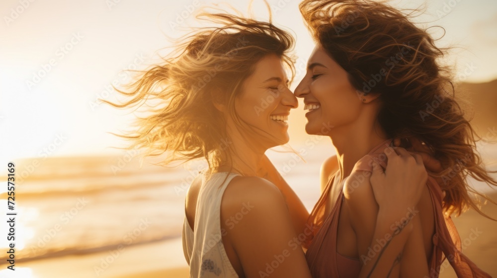 Laughing lesbian couple hugging on the beach at sunset. Happy moments together.