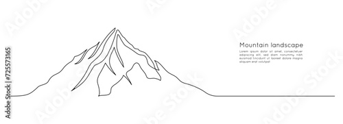 One continuous line drawing of mountain range landscape. Abstract web banner with hills and snow peaks in simple linear style. Winter ski sport concept editable stroke. Doodle vector illustration