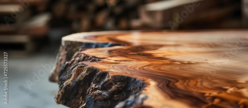 Manufacturing of live edge elm slab coffee table, focusing on woodworking production and furniture manufacture, captured in a close-up. photo