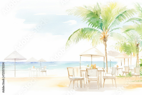 Idyllic vision of an outdoor seaside cafe tucked amidst palm trees , cartoon drawing, water color style © Watercolorbackground