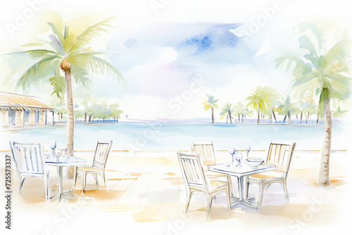 Idyllic vision of an outdoor seaside cafe tucked amidst palm trees   cartoon drawing  water color style