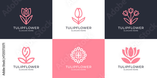 Set of flower tulip logo template. Abstract beauty pink floral logo vector
