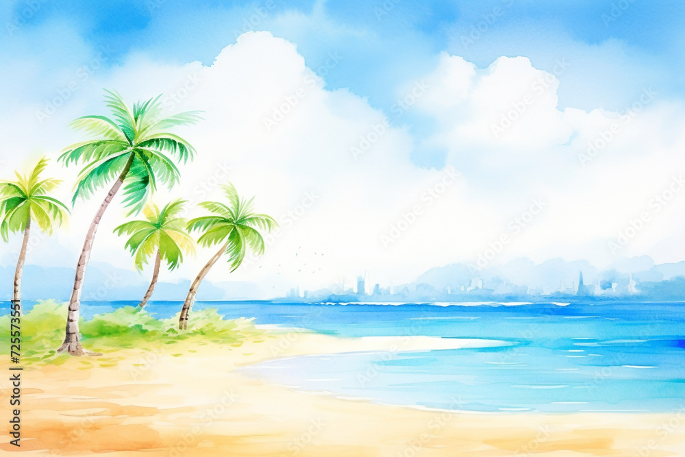 Outdoor painting representing idyllic serenity of a sun-drenched tropical beach , cartoon drawing, water color style