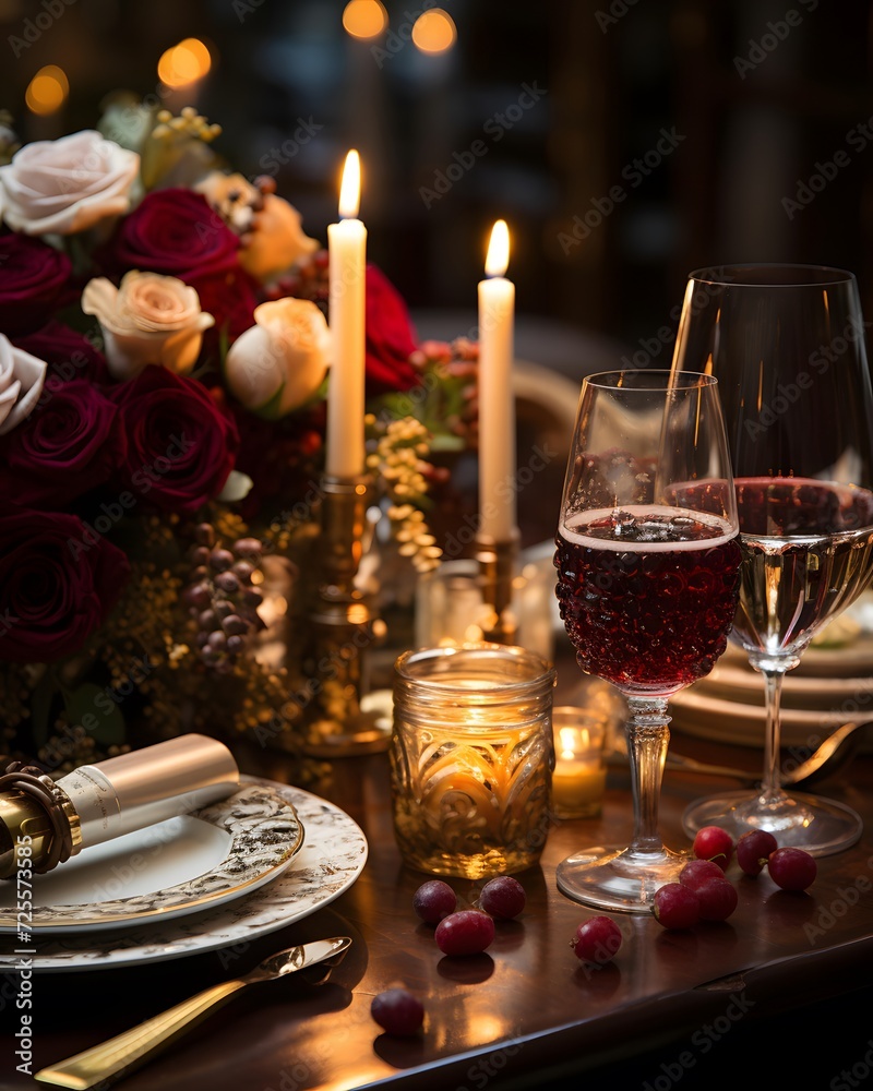 Romantic dinner table setting with roses, candles and champagne glasses.