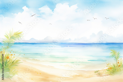 Outdoor painting representing idyllic serenity of a sun-drenched tropical beach , cartoon drawing, water color style