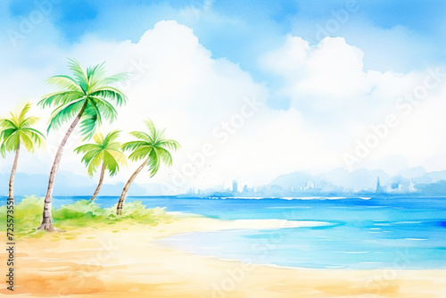 Outdoor painting representing idyllic serenity of a sun-drenched tropical beach   cartoon drawing  water color style