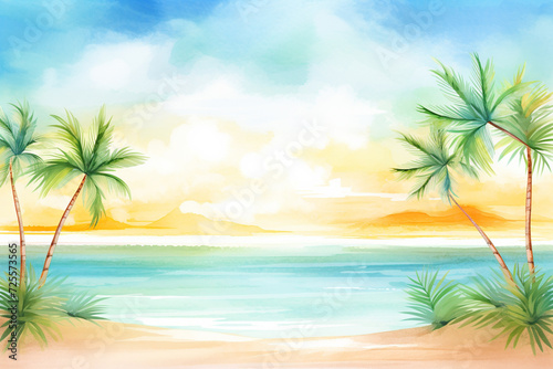 Palm trees swaying gently by a calm turquoise coastline under a vibrant sun , cartoon drawing, water color style © Watercolorbackground