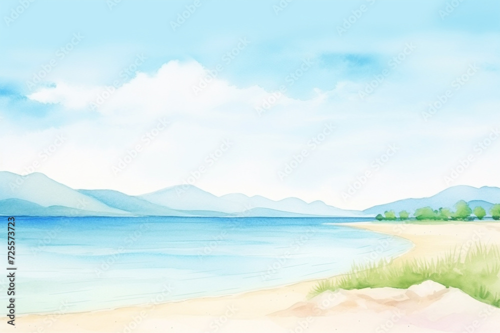Scenic panorama of a tranquil turquoise shoreline during daytime , cartoon drawing, water color style