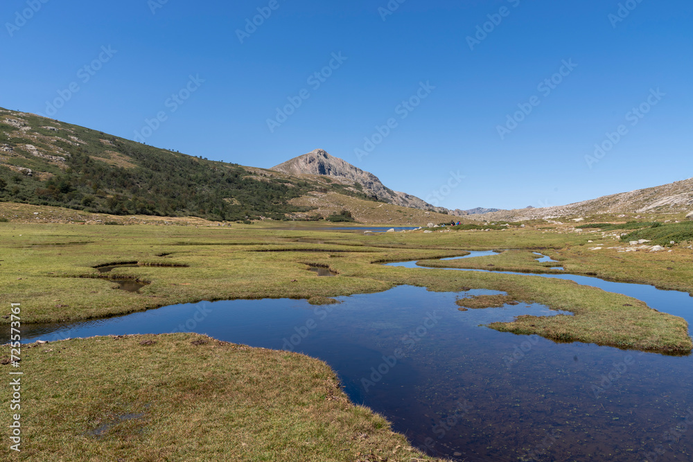 Blick über die Hochmoor Landschaft um den den Lac de Nino mit der Capu a Tozzu im Hintergrund, Korsika, Frankreich