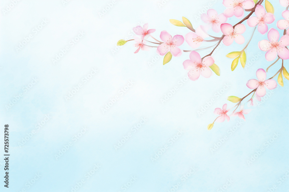 Soft watercolor of pink cherry blossoms against a light sky blue background , cartoon drawing, water color style