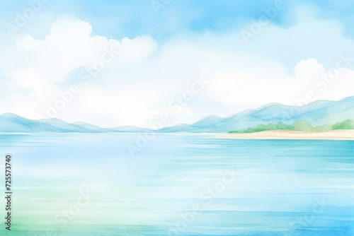 Scenic panorama of a tranquil turquoise shoreline during daytime   cartoon drawing  water color style