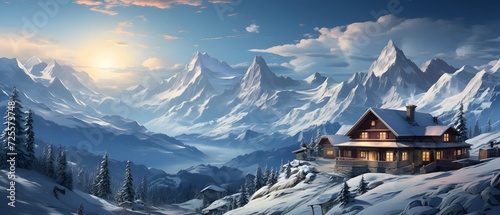 Panorama of winter alpine landscape with house at sunset in mountains © Michelle