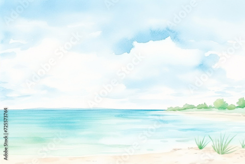Scenic panorama of a tranquil turquoise shoreline during daytime , cartoon drawing, water color style photo