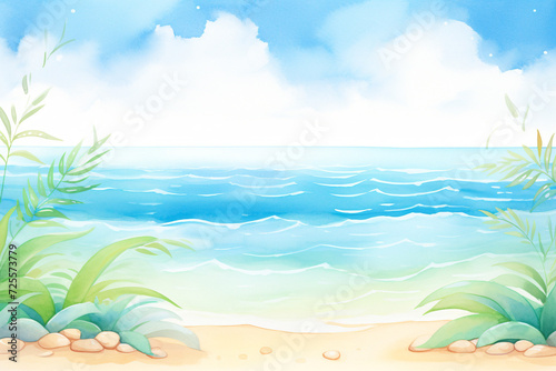 Serene turquoise waves lapping up against an exotic Caribbean shore   cartoon drawing  water color style