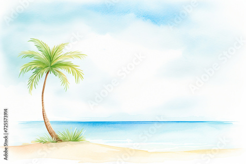 Sunny scene by the shore with a lone palm tree   cartoon drawing  water color style