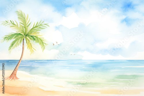 Sunny scene by the shore with a lone palm tree , cartoon drawing, water color style