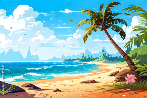 illustration of a sandy beach shore with tropical palm trees and blue sky   generative AI