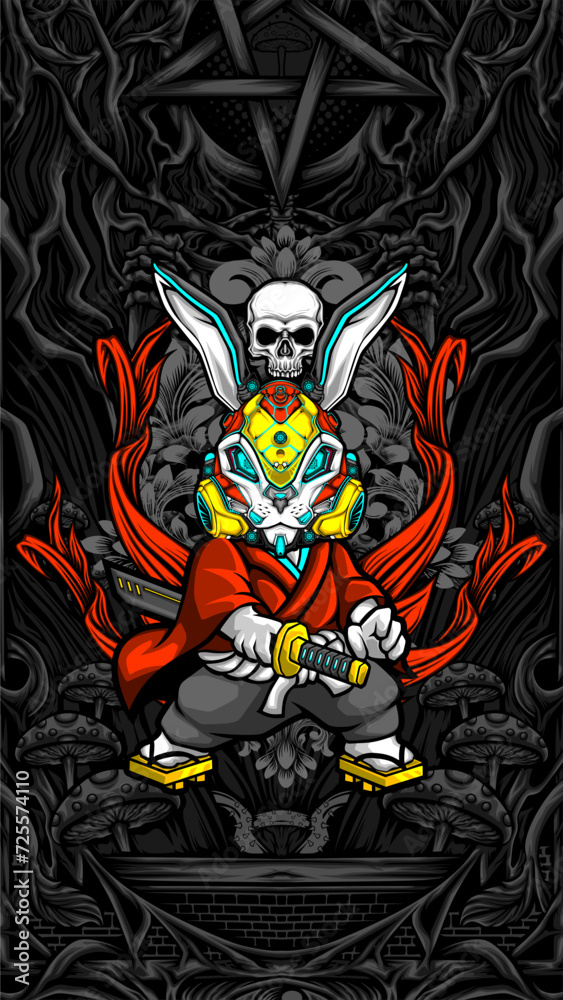 samurai rabbit cyberpunk vector illustration