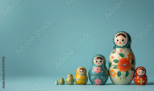 big to tiny traditional matryoshka nesting dolls isolated on plain blue studio background with empty text space photo