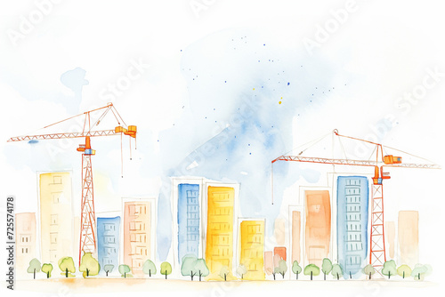 Tower development Construction cranes working on a tall city structure , cartoon drawing, water color style photo
