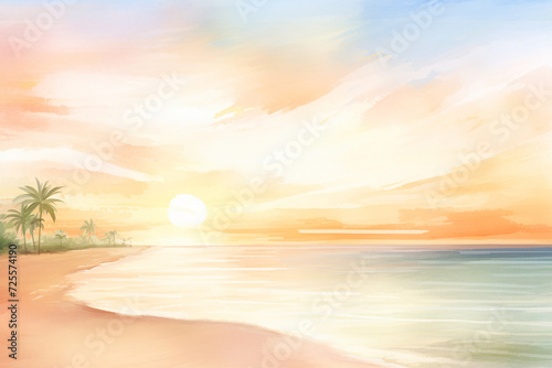 Tranquil horizon over a Caribbean coastline during sunset   cartoon drawing  water color style