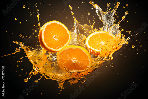 3D illustration fruit orange juice and pieces of oranges falling with splashes on a dark background, generated ai © Виталий Сова