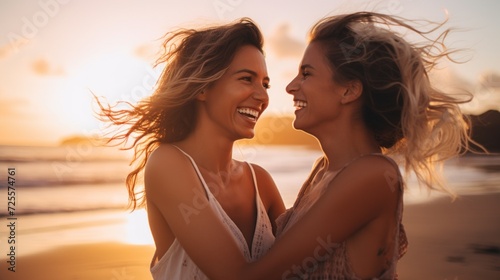Close-up of a laughing lesbian couple hugging and looking at each other on the beach at sunset. Happy moments together, love and youth, Positive emotions, facial expressions concepts. © liliyabatyrova
