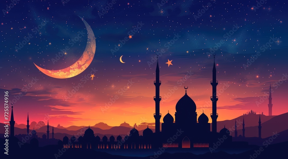 A beautiful silhouette of a mosque and Mesmerizing night view of a mosque under starry sky and bright moon. Perfect for Ramadan, Eid, or Islamic religious themed designs.