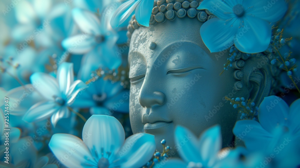 Close-up of a serene Buddha statue face surrounded by a sea of delicate blue hydrangea flowers.