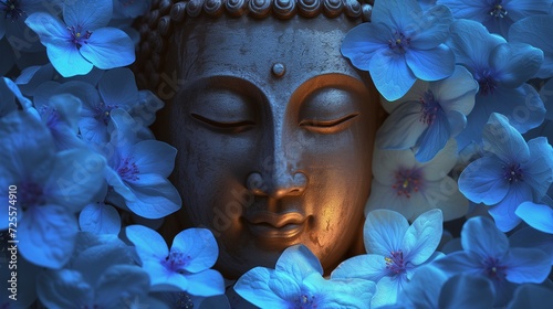 Close-up of a serene Buddha statue face surrounded by a sea of delicate blue hydrangea flowers.