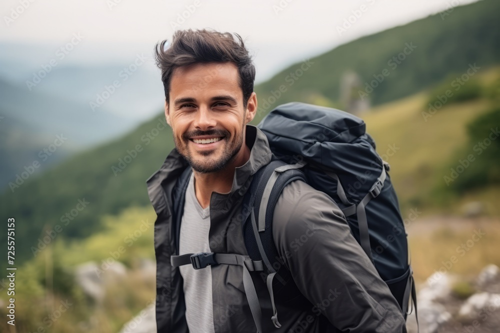Portrait of happy young man with backpack standing on top of mountain