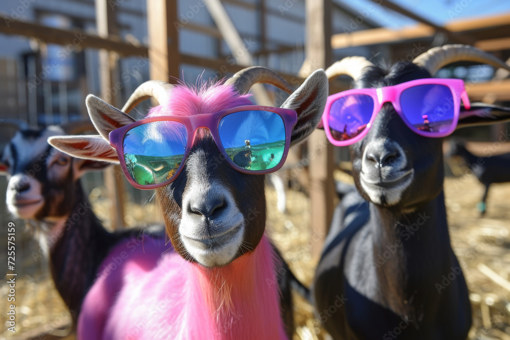 Portrait of funny goats in a sunglasses. Abstract of fashion style sheepss wearing sunglasses portrait. sheep fur multi colored colorful on skin body and hairs paint. Cartoon colorful goats