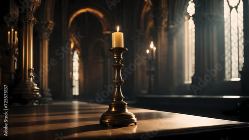 A candlestick holder set within the grandeur of a gothic cathedral, casting flickering shadows.