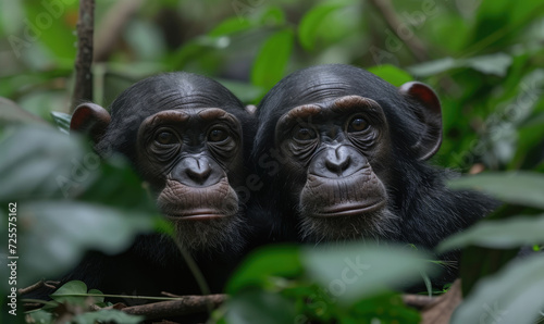 Two playful baby Chimpanzees sitting side by side.