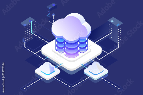 Artificial intelligence ai, isometric server room concept, database and cloud computing, datacenter dark neon vector