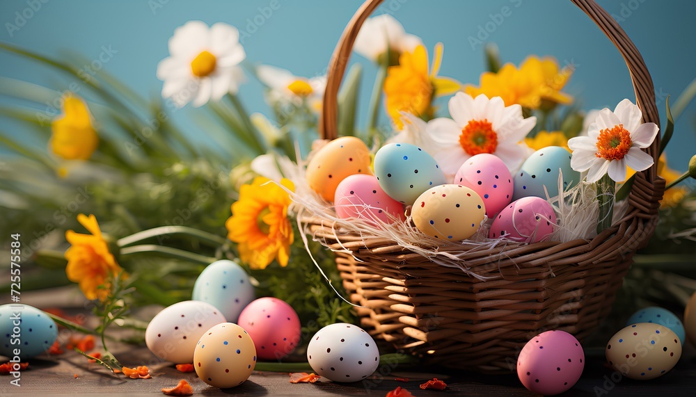 easter eggs in a basket with flowers. Colourfully decorated easter eggs placed in a floral basket in celebration of Easter. Happy Easter background with eggs and flowers. Spring time happiness easter eggs in a basket with flowers. Colourfully decorated easter eggs placed in a floral basket in celebration of Easter. Happy Easter background with eggs and flowers. Spring time happiness