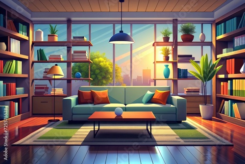 modern living room interior design with bookshelf