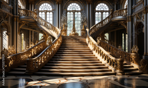Grandiose double staircase in a luxurious palace with sunlight streaming through large windows © Bartek