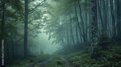 A misty forest with towering trees and foggy pathways