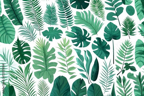 Set of tropical leaves on white background. jungle flora in flat style