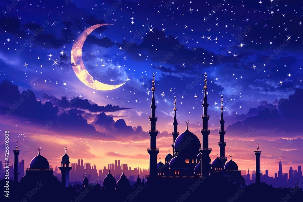 A beautiful silhouette of a mosque and Mesmerizing night view of a mosque under starry sky and bright moon. Perfect for Ramadan, Eid, or Islamic religious themed designs. A beautiful silhouette of a mosque and Mesmerizing night view of a mosque under starry sky and bright moon. Perfect for Ramadan, Eid, or Islamic religious themed designs.