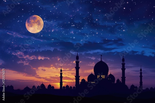 A beautiful silhouette of a mosque and Mesmerizing night view of a mosque under starry sky and bright moon. Perfect for Ramadan, Eid, or Islamic religious themed designs. © masmadz99