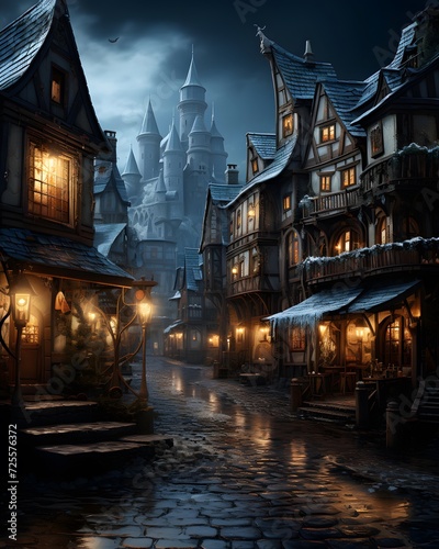 Fairy tale castle in the night. Fairytale medieval town.