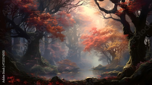 Autumn forest with red leaves and fog - 3d render illustration