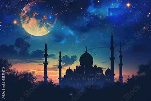 A beautiful silhouette of a mosque and Mesmerizing night view of a mosque under starry sky and bright moon. Perfect for Ramadan, Eid, or Islamic religious themed designs. © masmadz99