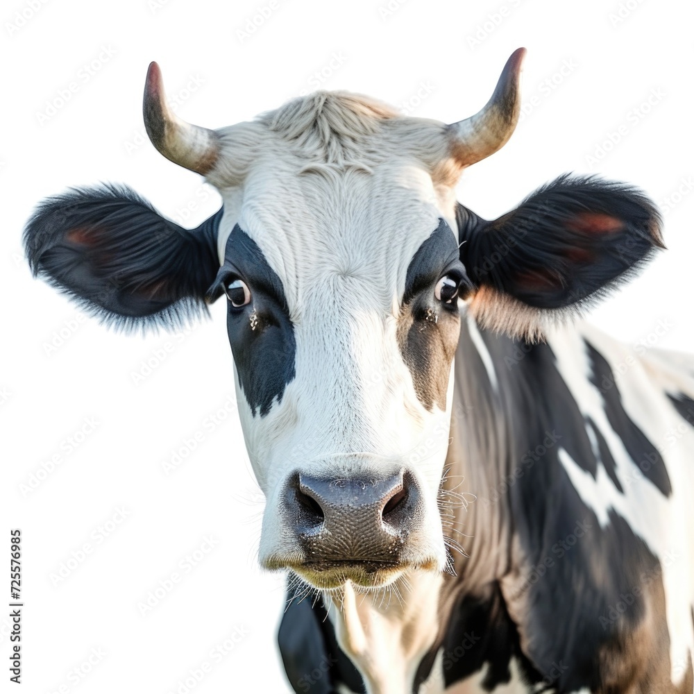Cow portrait in natural pose isolated on white background, photo realistic