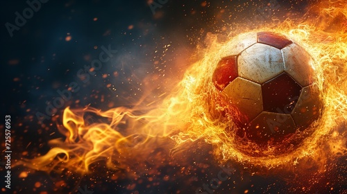 Soccer ball burning on a dark. Generative Ai. © Retu